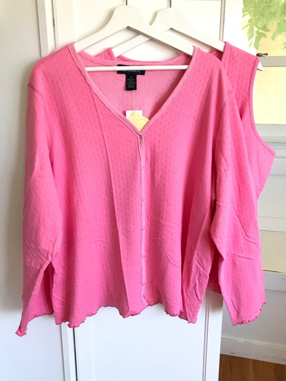 DENIM & CO. Plus Size 2X Cardigan Tank Set Pink NWT Cotton Reversible Women’s